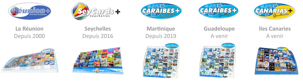 Le concept des présentoirs Caraïbes + à l'international, la Réunion depuis 2000, Seychelles depuis 2016, Martinique depuis 2019, Guadeloupe et Canaries à venir
