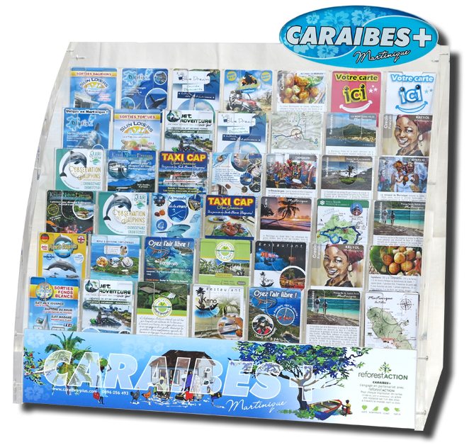 Présentoir Caraïbes+ diffusant des mini-flyers au format touristiques pour la promotion d'activités touristiques à la Martinique