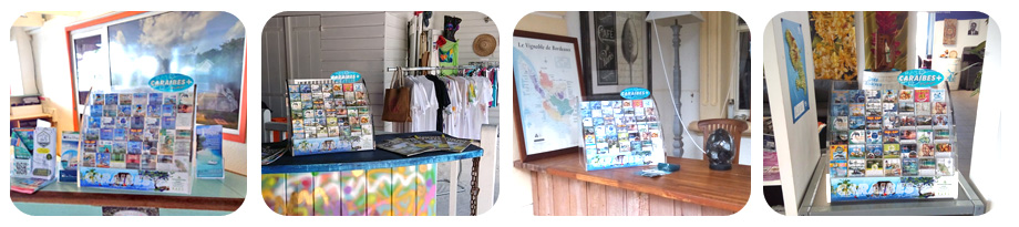 Où sont disposés nos présentoirs Caraïbes+ dans les établissements touristiques à la Martinique : au comptoir, sur une table à brochures, une étagère