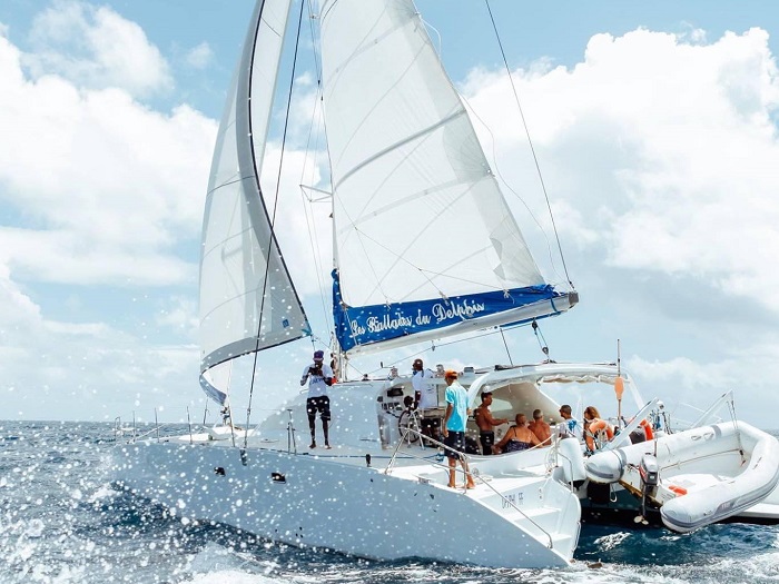 Catamaran des Ballades du Delphis naviguant sur la mer des Caraïbes en Martinique